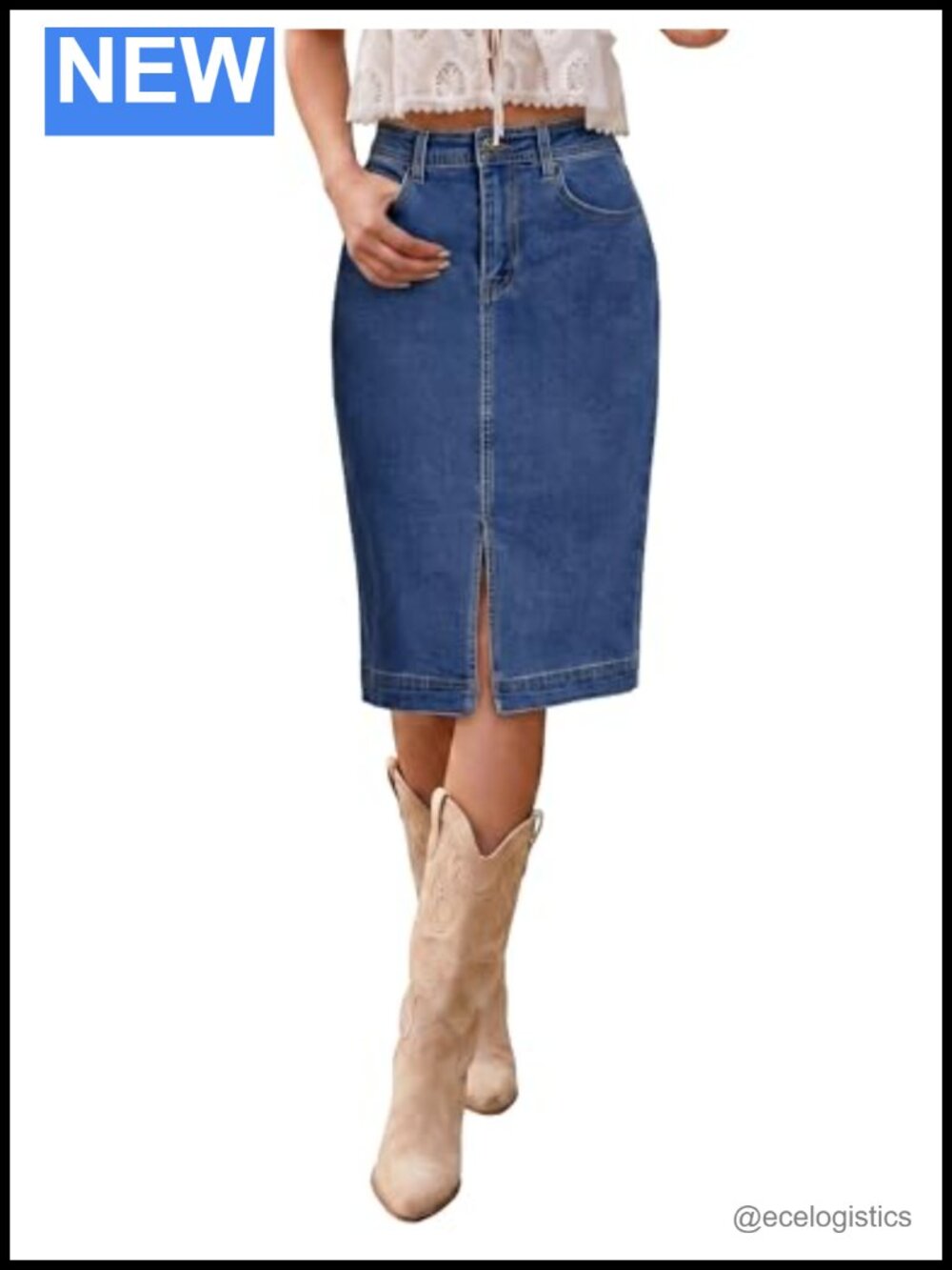 Women's Denim Midi Pencil Skirt with Slit High Waist Stretchy Knee Length